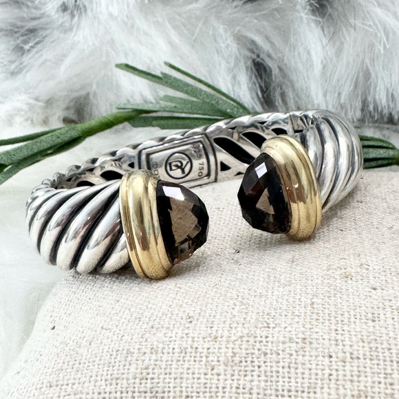 David Yurman 15MM Waverly Smokey Quartz Cable Cuff Bracelet .925/18K Gold - Picture 2 of 7